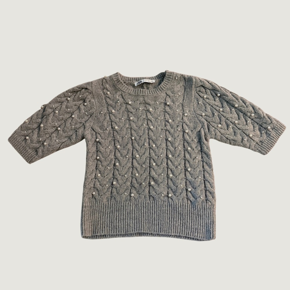 Zara Womens Sweater Gray Cable Knit Pearl Embellished Puff Sleeve Size S